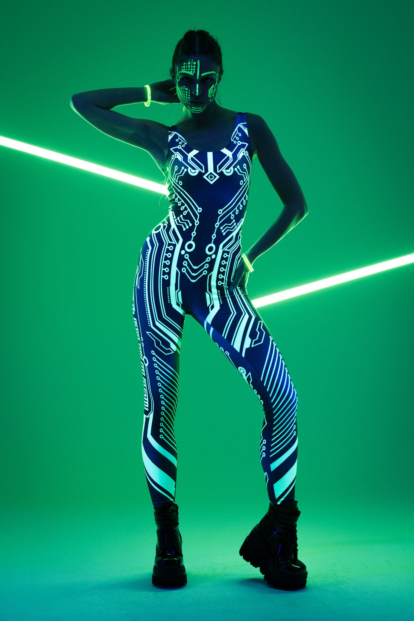 CYBER UV REACTIVE Jumpsuit, Neon Bodysuit, Rave Onsie, Festival Outfit, Burning Man Clothing, Halloween Costume, Futuristic Costume