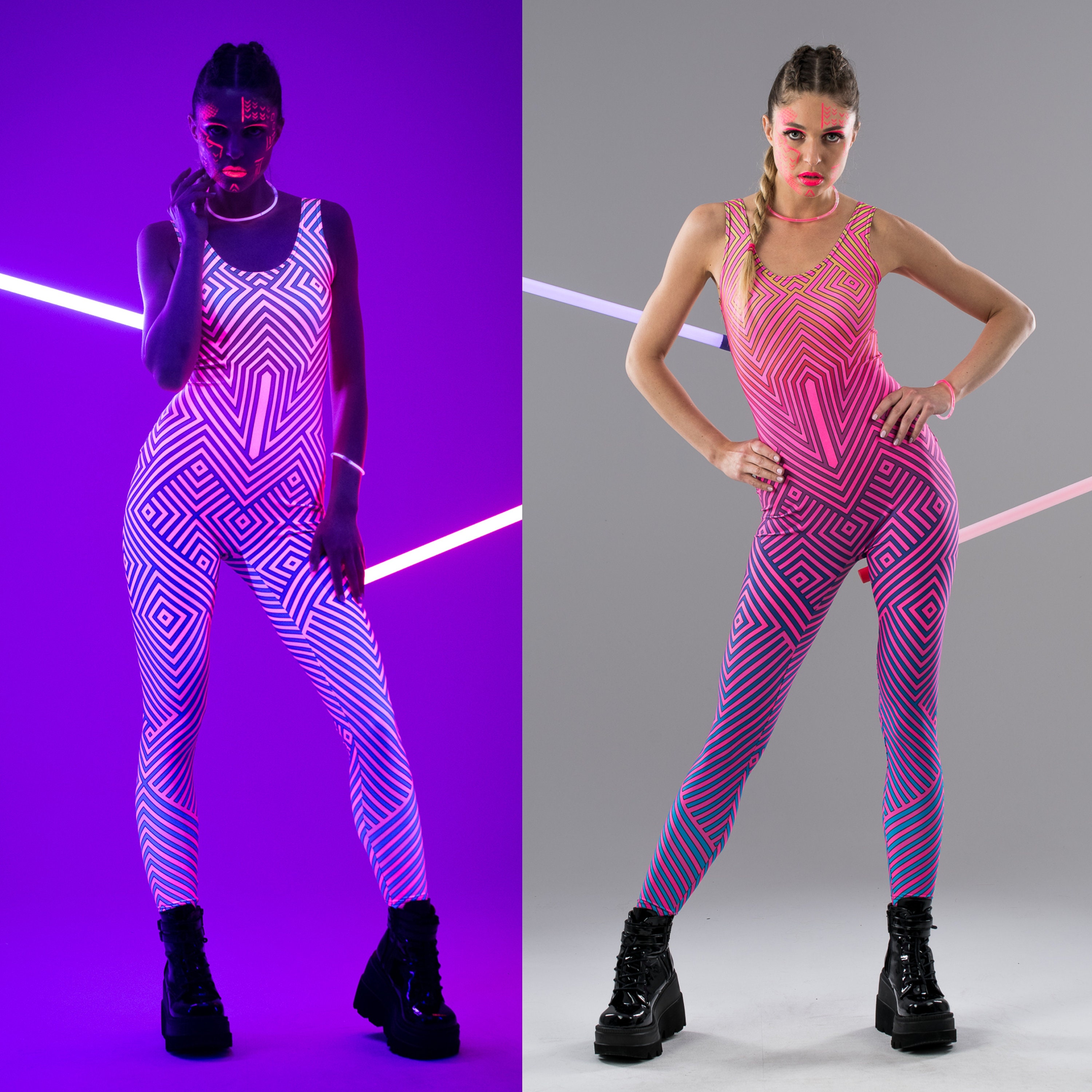 GEOMETRIC GLOW UV Reactive Jumpsuit, Pink Neon Outfit, Rave Onsie ...