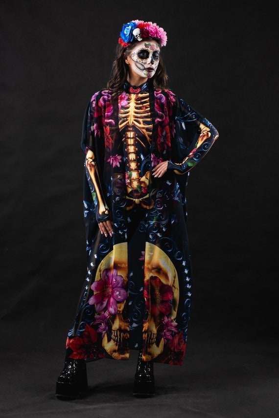 Combinaison Halloween Femme Squelette Imprimé - Manches Longues, Taille FR 34-38, Costume Soirée Déguisement