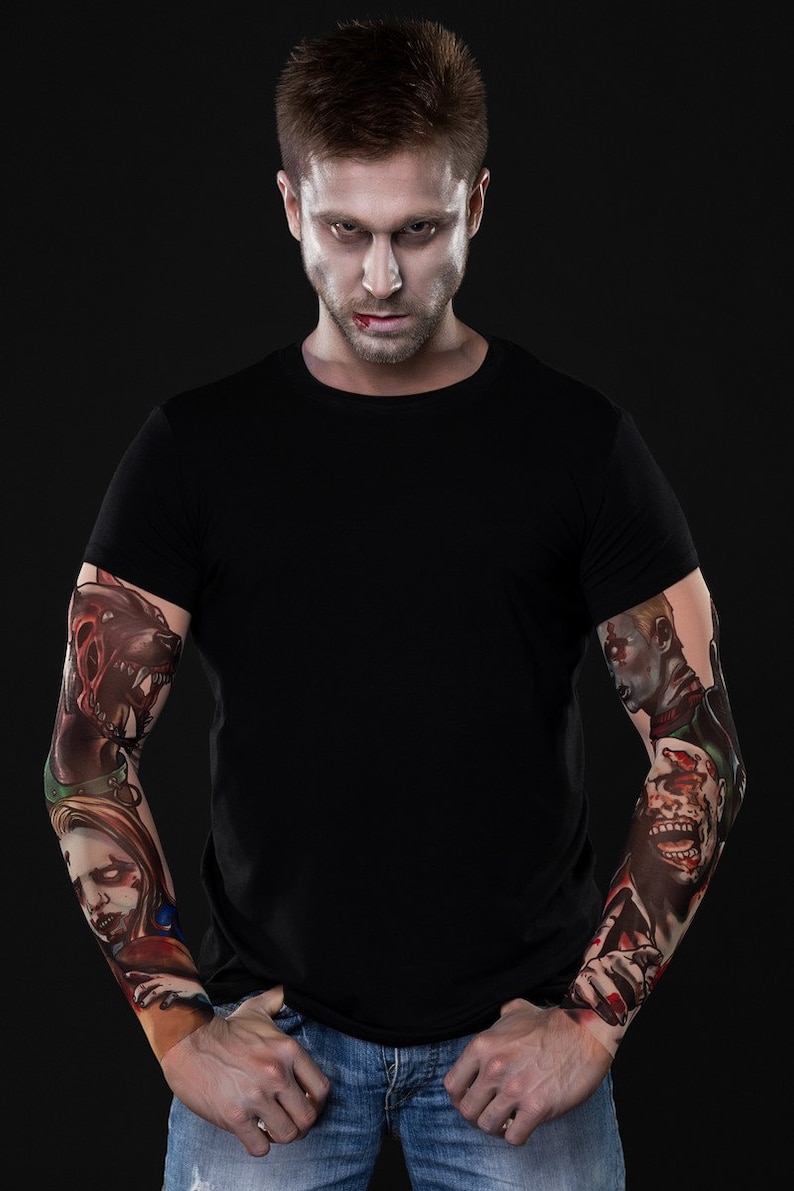 ZOMBIE Halloween T-shirt for Men, Zombie Tattoo Sleeves, Halloween Mesh Sleeve, Halloween Mens Shirts, Zombie Costume, Halloween Costume image 5