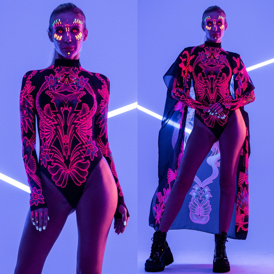 NEON FLOWERS UV Reactive Mesh Bodysuit, Festival Outfit, Rave Bodysuit, Neon Onsie, Burning Man 