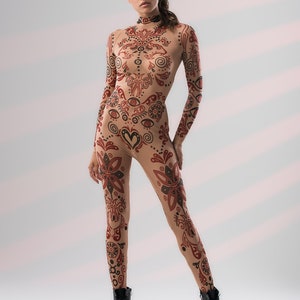 2COLOR Festival Catsuit, Rave Mesh Onsie, Festival Bodysuit, Tattoo Kleidung, Tattoo Catsuit, Tribal Design, Halloween-Kostüm
