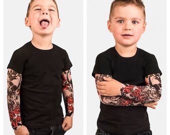 Skull & Roses Tattoo Baby Shirt, Kids Clothing, Halloween Costume for Kids, Funny Baby Shirt, Baby Tattoo Sleeve Shirt, Baby Skull Shirt