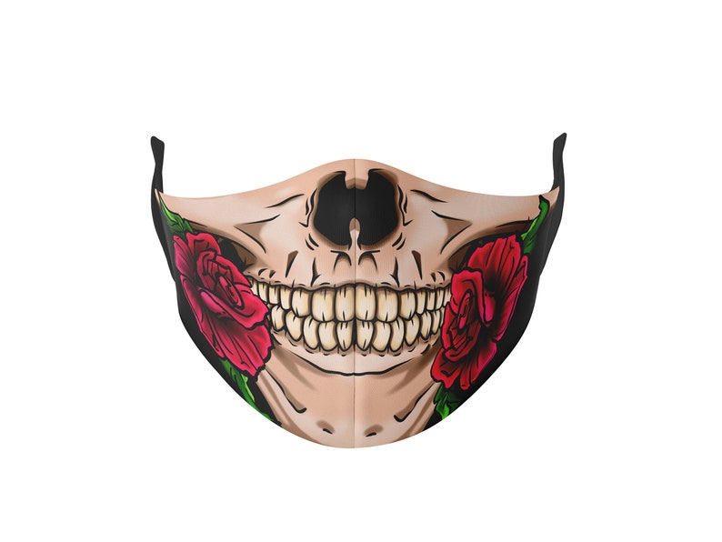 3 Layers Face Mask, Red Roses Skeleton Face Mask, Reusable Face Mask , Fashion Face Mask, Adult Face Mask, Halloween Skeleton Mask image 2