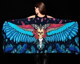SKULL & WINGS Scarf, Feather Printed Scarf, Skull Wrap, Wings Shawl, Wings Printed Wrap, Halloween Scarf, Skull Shawl, Halloween Outfit