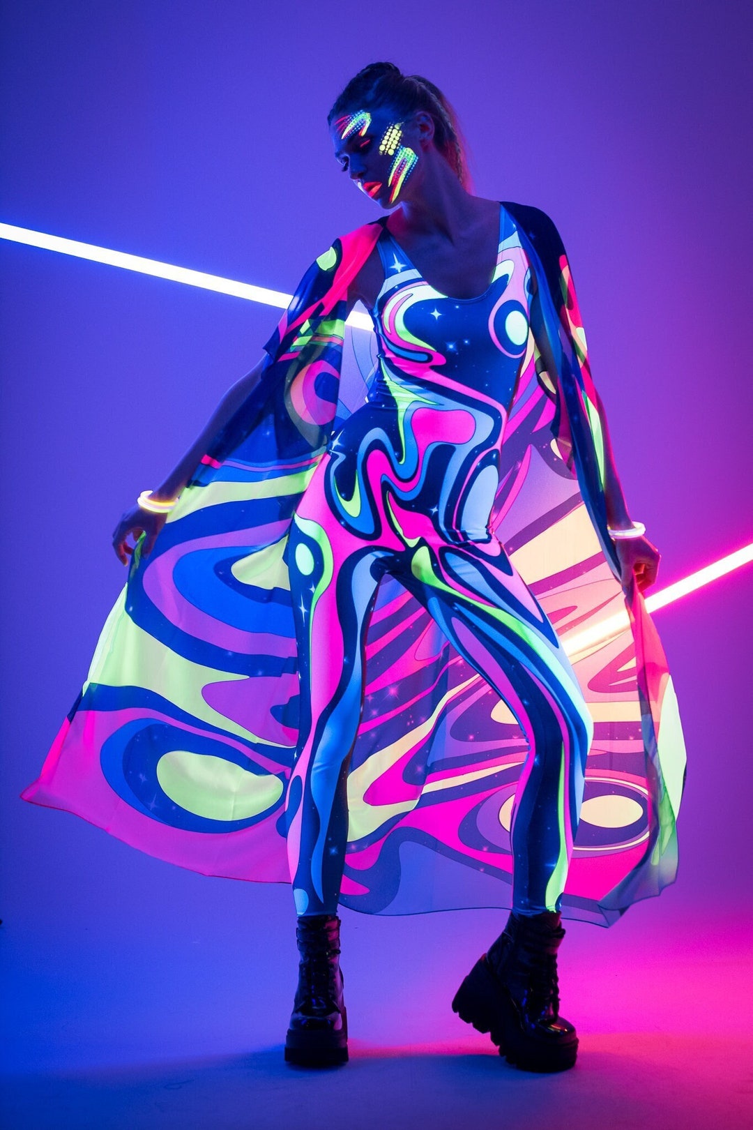 LIQUID UV Reactive Jumpsuit, Pink Yellow Neon Outfit, Rave Onsie ...