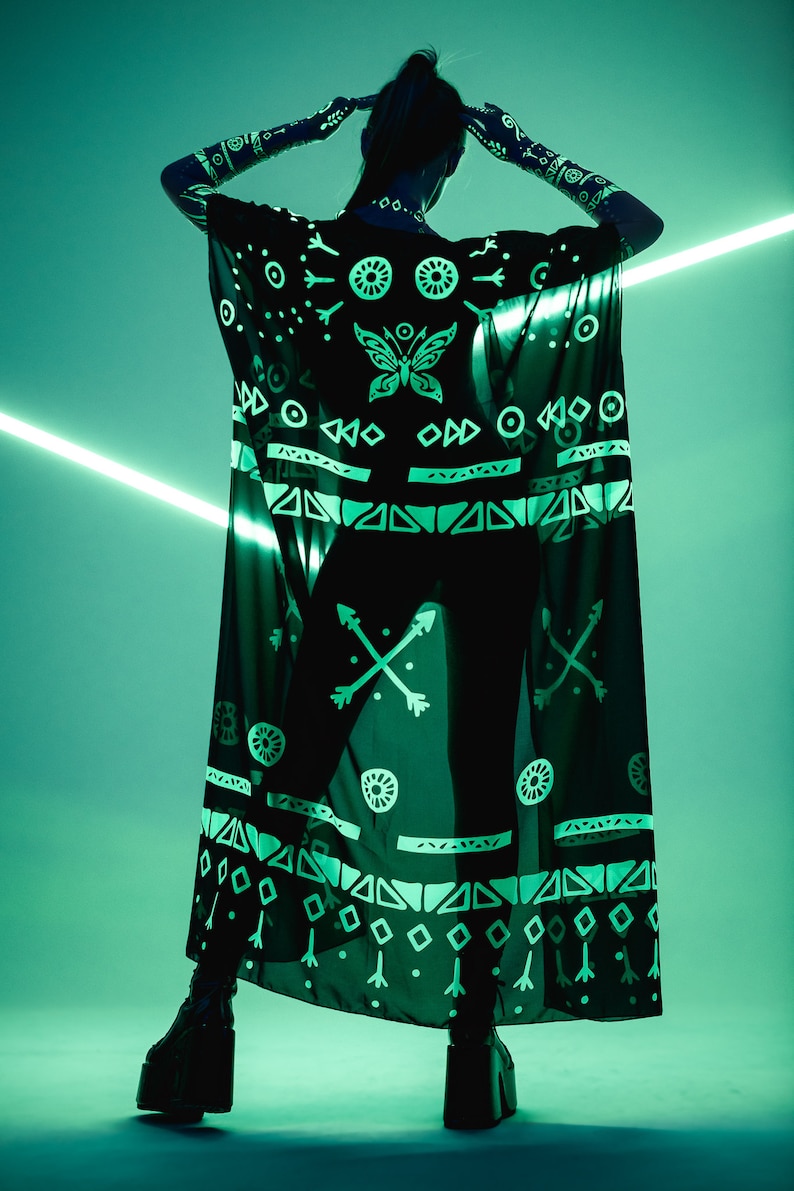 GREEN TRIBAL FLUORESCENT Kimono, Festival Kimono, Festival Outfit, Rave Kimono, Halloween Costume, Fluorescent Clothing, Spectacular Look image 5