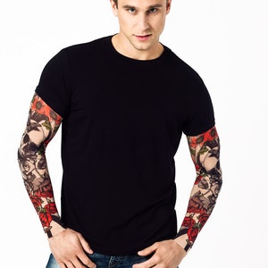 Mens Tshirt with SKULL & ROSES Temporary Tattoo Sleeves, Mens T shirt, Mens Clothing, Mens Shirt, Long Sleeve Shirt, Halloween Mens T-shirt
