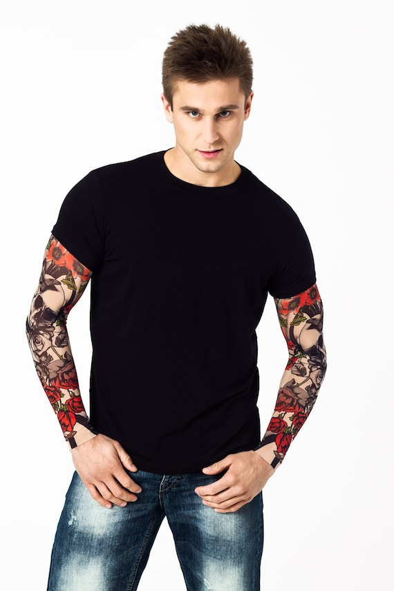 Mens Tshirt With SKULL & ROSES Temporary Tattoo Sleeves Mens 