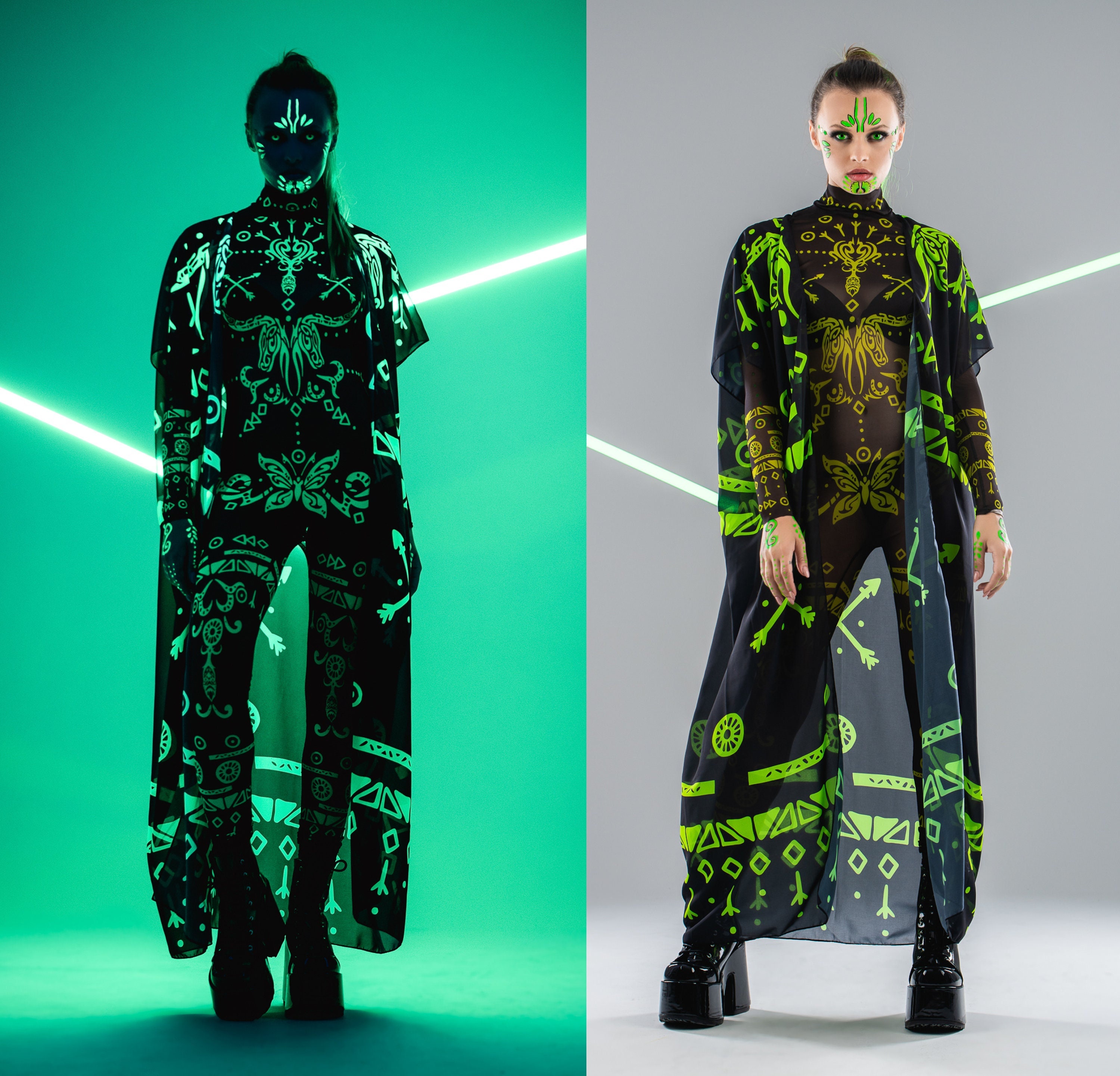 GREEN TRIBAL FLUORESCENT Black Catsuit & Kimono Set, Festival Full