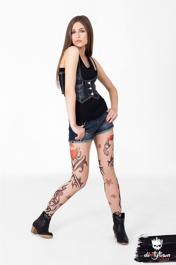HEART & KEYS Womens Printed Leggings, Temporary Tattoos, Mesh