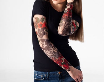 SKULL & ROSES T-shirt for Women with Tattoo Sleeves, Temporary Tattoos, Mesh Tattoo, Womens T-shirts, Halloween Costume, Halloween T-shirt