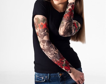 SKULL & ROSES T-shirt for Women with Tattoo Sleeves, Temporary Tattoos, Mesh Tattoo, Womens T-shirts, Halloween Costume, Halloween T-shirt