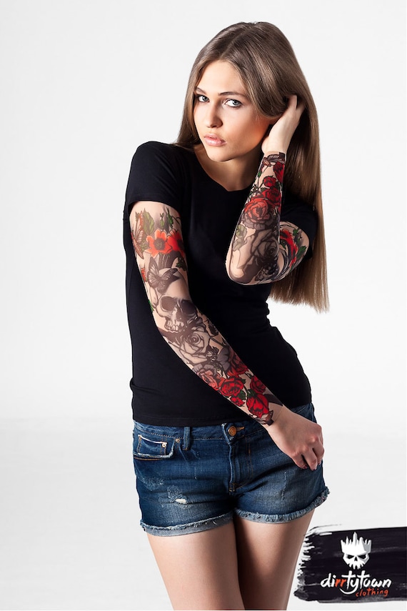 SKULL & ROSES T-shirt for Women With Tattoo Sleeves Temporary - Etsy