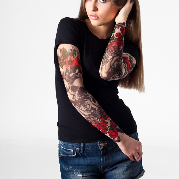 SKULL & ROSES T-shirt for Women with Tattoo Sleeves, Temporary Tattoos, Mesh Tattoo, Womens T-shirts, Halloween Costume, Halloween T-shirt