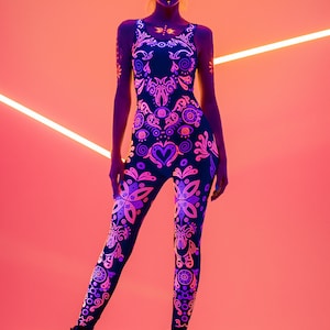 2 COLOR FLUORESCENT Catsuit, Pink & Orange Tribal Bodysuit, Rave Onsie, Festival Outfit, Burning Man Festival Clothing, Halloween Costume