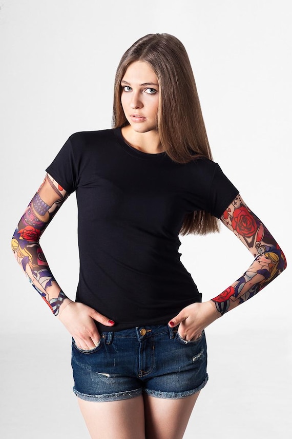 ALICE IN WONDERLAND Womens Tshirt, Tattoo Tshirt, Womens Top, Temporary Tattoo, Tattoo Sleeve, Halloween Shirt, Halloween T-shirt, Costume