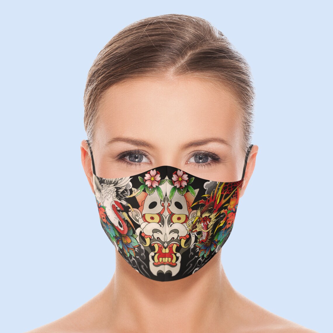 3 Layers Face Mask Japanese Art Face Mask Yakuza Reusable Etsy