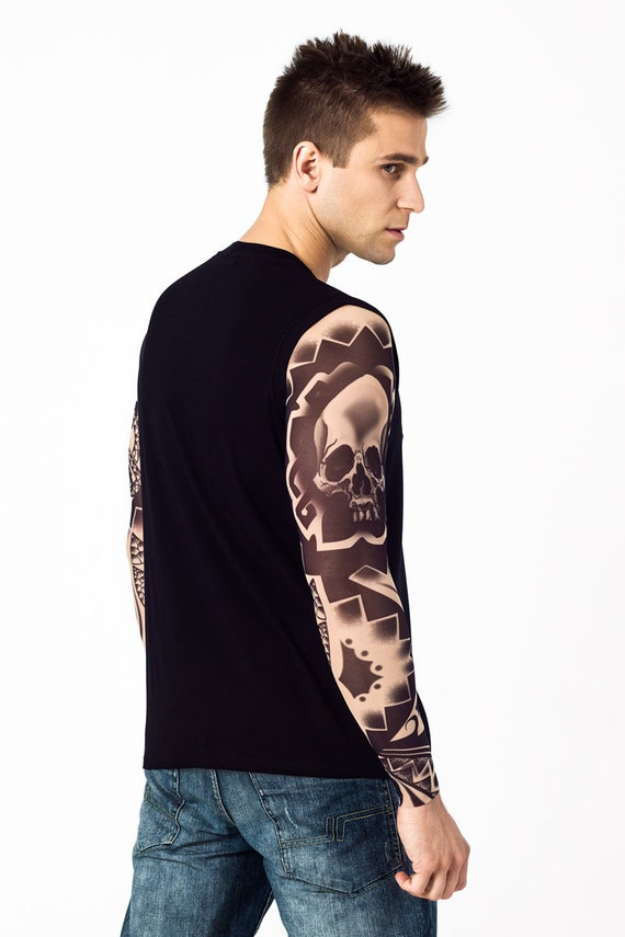 Mens Tank Top With DARK SKULL TRIBAL Temporary Tattoo Sleeves