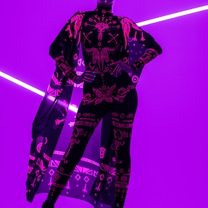 PINK TRIBAL FLUORESCENT Black Catsuit & Kimono Set, Festival Full Outfit, Rave Set, Halloween Costume, Mesh Catsuit, Fluorescent Pink Neon