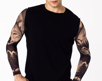 Mens Shirt with INTO THE WILD Temporary Tattoo Sleeves, Mens Tank Top, Men Clothing, Wolf Tattoo, Owl Tattoo, Halloween Top, Halloween Shirt
