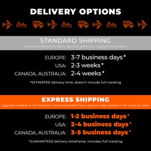 May include: A graphic showing delivery options for standard and express shipping. Standard shipping takes 3-7 business days to Europe, 2-3 weeks to the USA, and 2-4 weeks to Canada and Australia. Express shipping takes 1-2 business days to Europe, 2-4 business days to the USA, and 3-5 business days to Canada and Australia.