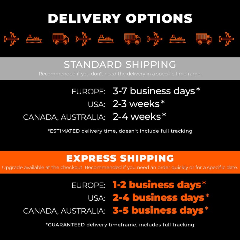 May include: A graphic showing delivery options for standard and express shipping. Standard shipping takes 3-7 business days to Europe, 2-3 weeks to the USA, and 2-4 weeks to Canada and Australia. Express shipping takes 1-2 business days to Europe, 2-4 business days to the USA, and 3-5 business days to Canada and Australia.