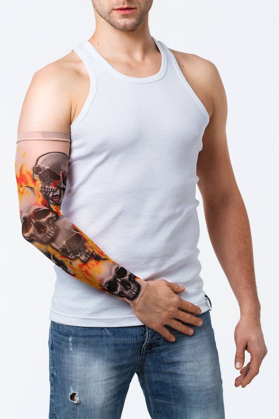 Mens Tshirt With SKULL & ROSES Temporary Tattoo Sleeves Mens 