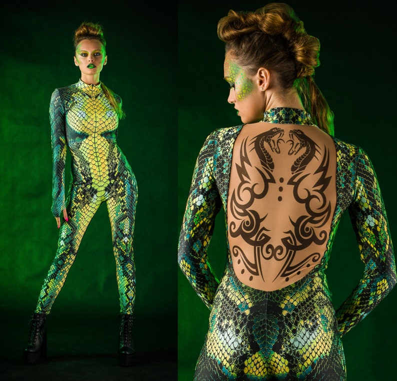 GRÜNE SCHLANGE Halloween-Kostüm für Frauen, Halloween-Kostüm für Frauen, Jumpsuit mit Tattoo-Effekt auf dem Rücken, Schlangenhaut-Catsuit für Frauen Bild 1