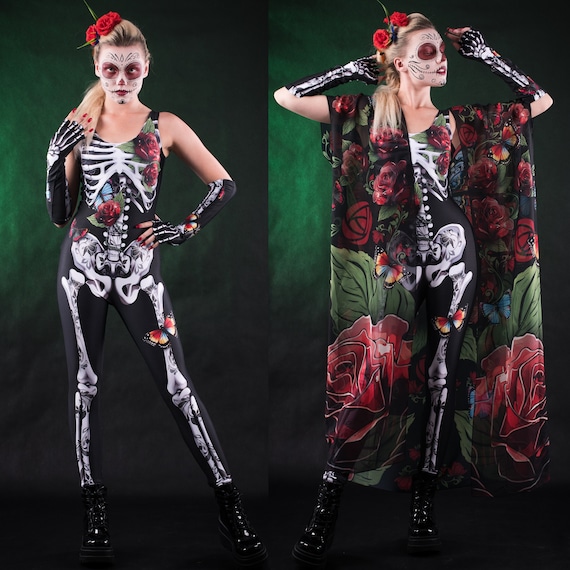 ROSES & BUTTERFLIES Skeleton Jumpsuit and Kimono Set, Skeleton Bodysuit, White Skeleton Costume, Halloween Skeleton Costume with Arm Warmers