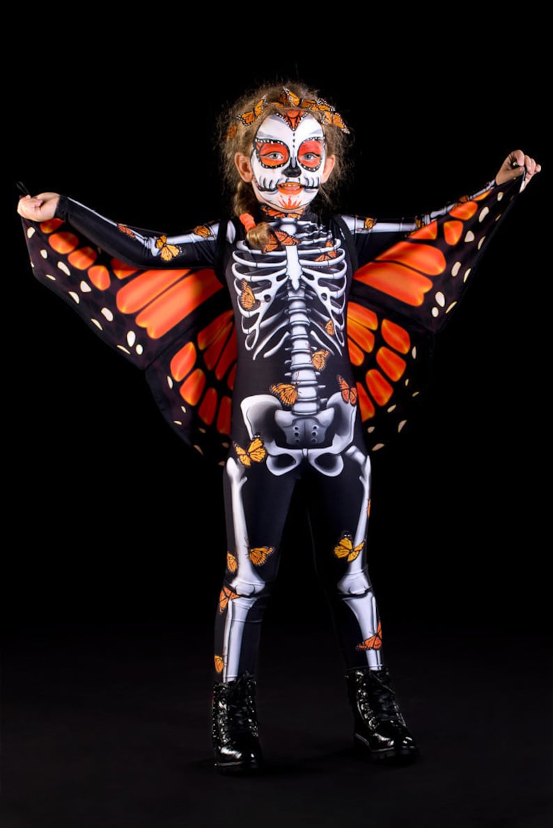 LADY BUTTERFLY Halloween Costume & Wings KIDS Edition, Kids Full Body Skeleton Catsuit, Monarchy Butterfly Costume, Costume for Teenagers Catsuit+wings+acces.