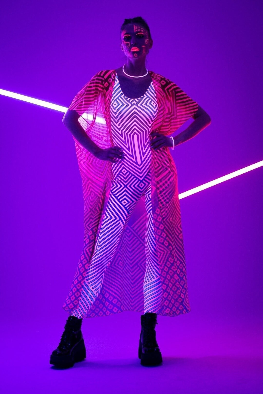 GEOMETRIC GLOW UV Reactive Jumpsuit, Pink Neon Outfit, Rave Onsie ...