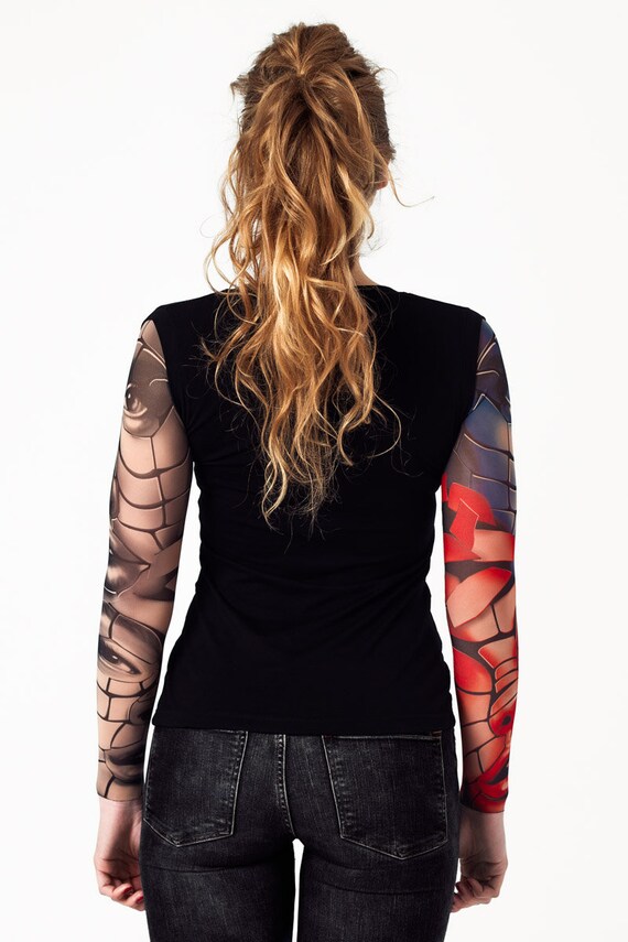 Womens Tank Top With PUZZLE FACES Temporary Tattoo Sleeves, Womens