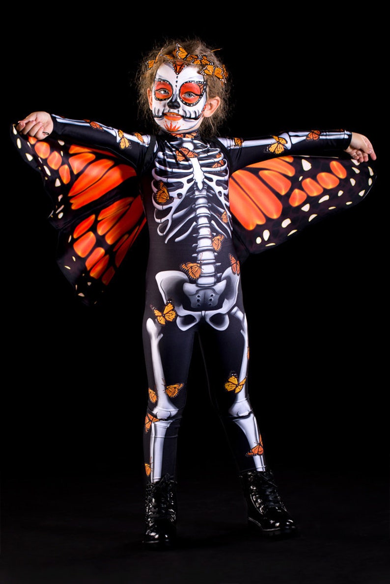 LADY BUTTERFLY Halloween Costume & Wings KIDS Edition, Kids Full Body Skeleton Catsuit, Monarchy Butterfly Costume, Costume for Teenagers image 3