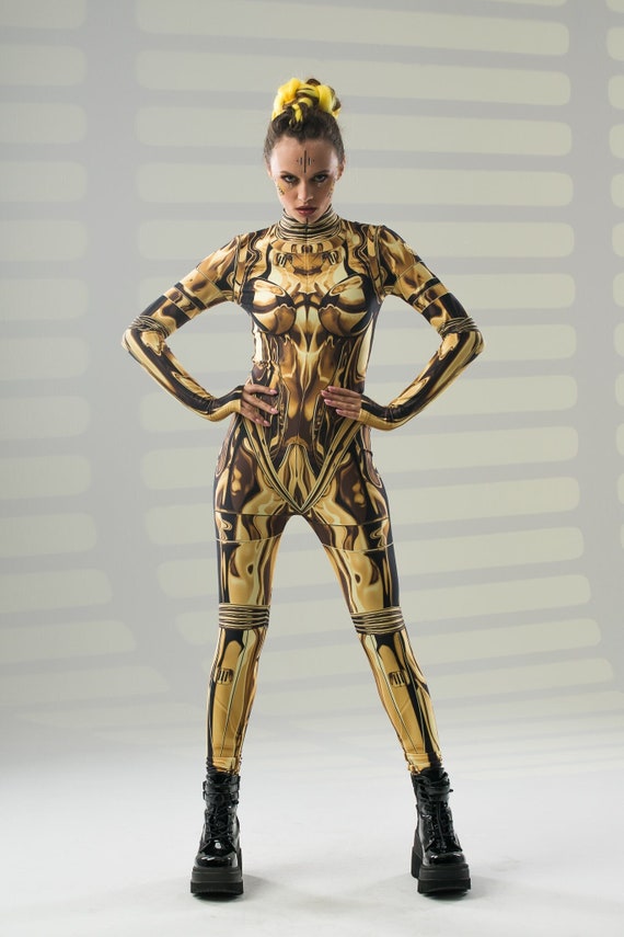 GOLD ARMOR Costume for Women, Halloween Costume for Women, Catsuit with Tattoo Effect on the Back, Golden Costume for Women, Mandala Tattoo