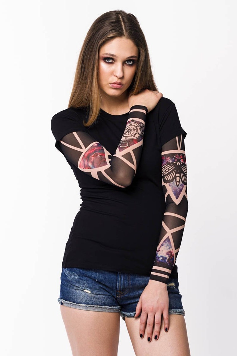 Womens Tshirt with COSMIC MOTH Temporary Tattoo Sleeves, Womens Tops, Womens T shirts, Womens Tees, Cosmos Tattoo, Moth design, Clock Tattoo image 1