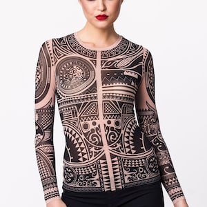 HAWAIIAN TRIBAL Tattoo Blouse, Mesh Blouse, Womens Clothing, Blouse for Woman, Hawaiian Temporary Tattoo, Tattoo Clothing, Printed Blouse