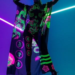 Ensemble kimono et combinaison noir fluo DRAGONS CHINOIS, tenue complète de festival, ensemble Rave, costume d&#39;Halloween, catsuit en résille, dragon fluorescent