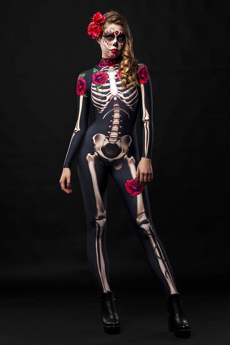 LADY DEATH Disfraz de Halloween para mujer, Esqueleto de cuerpo completo para adultos, Disfraz de esqueleto, Disfraz de Halloween Sugarskull, Disfraz de Día de Muertos Single Costume