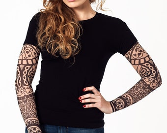 Womens Shirt with BLACK ORIENT Temporary Tattoo Sleeves, Womens T shirt, Oriental Shirt, Long Sleeves Shirt, Gift for Women, Halloween Shirt