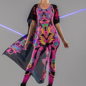 NEON FLOWERS UV Light Set Costume, Neon Bodysuit, Rave Onsie, Festival Outfit, Burning Man Clothing, Halloween Costume, Rainbow Clothing Set image 2