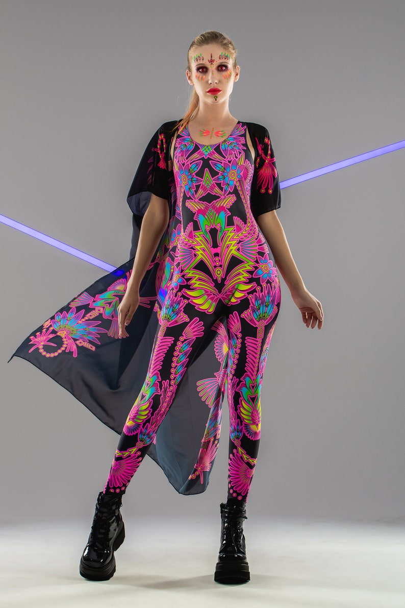 NEON FLOWERS UV Light Set Costume, Neon Bodysuit, Rave Onsie, Festival Outfit, Burning Man Clothing, Halloween Costume, Rainbow Clothing Set image 2