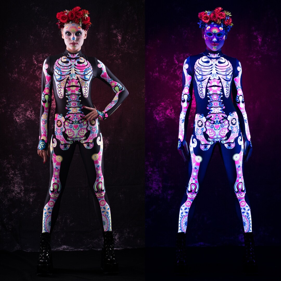 UV REACTIVE Skeleton Halloween Costume, Los Muertos Skeleton Costume