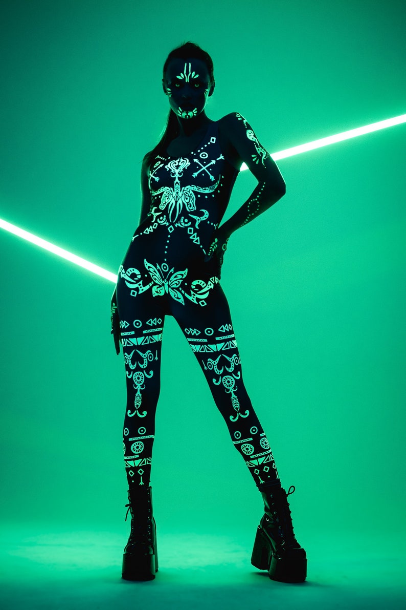GREEN TRIBAL FLUORESCENT Catsuit Neon Green Bodysuit Rave Etsy