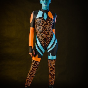 BLUE ALIEN Halloweenkostüm für Frauen, Halloweenkostüm für Frauen, Overall mit Tattoo-Effekt auf dem Rücken, Ufo-Kostüm, Blaues UFO-Kostüm