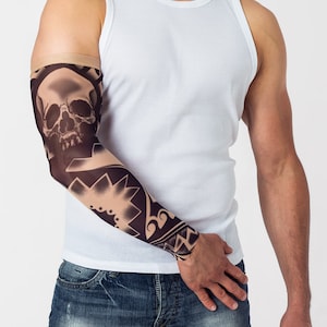 Temporary Tattoo DARK SKULL TRIBAL, Unisex Mesh Tattoo Sleeve, Large Tattoo, Fake Tattoo, Tribal Tattoo, Skull Tattoo, Man Gift, Dad&#39;s Gift