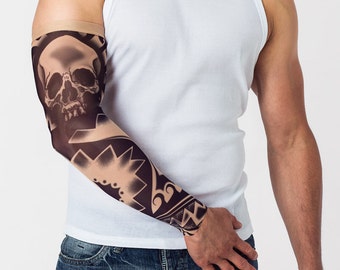 Tatuaje temporal tribal de calavera oscura, manga de malla unisex, tatuaje grande, tatuaje falso, tatuaje tribal, tatuaje de calavera, regalo para hombre, regalo para papá