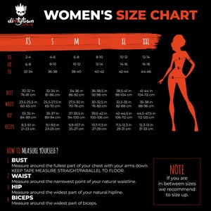 May include: Women's size chart with measurements in inches and centimetres for bust, waist, hip, and biceps. The chart includes sizes XS, S, M, L, XL, and XXL.