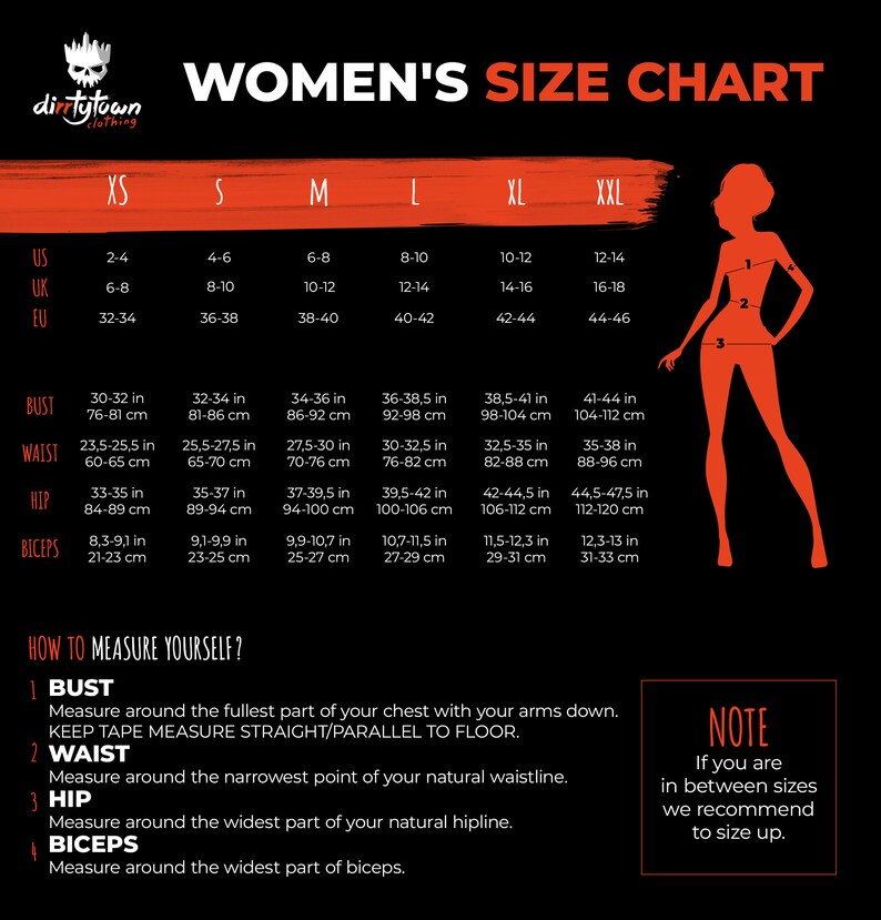 May include: Women's size chart with measurements in inches and centimetres for bust, waist, hip, and biceps. The chart includes sizes XS, S, M, L, XL, and XXL.