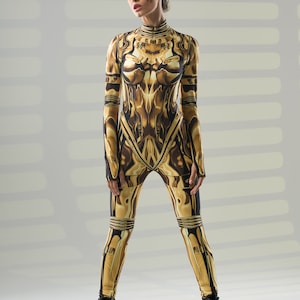 GOLD ARMOR Kostüm für Damen, Halloween-Kostüm für Damen, Catsuit mit Tattoo Effekt auf dem Rücken, Goldenes Kostüm für Damen, Mandala Tattoo Bild 3
